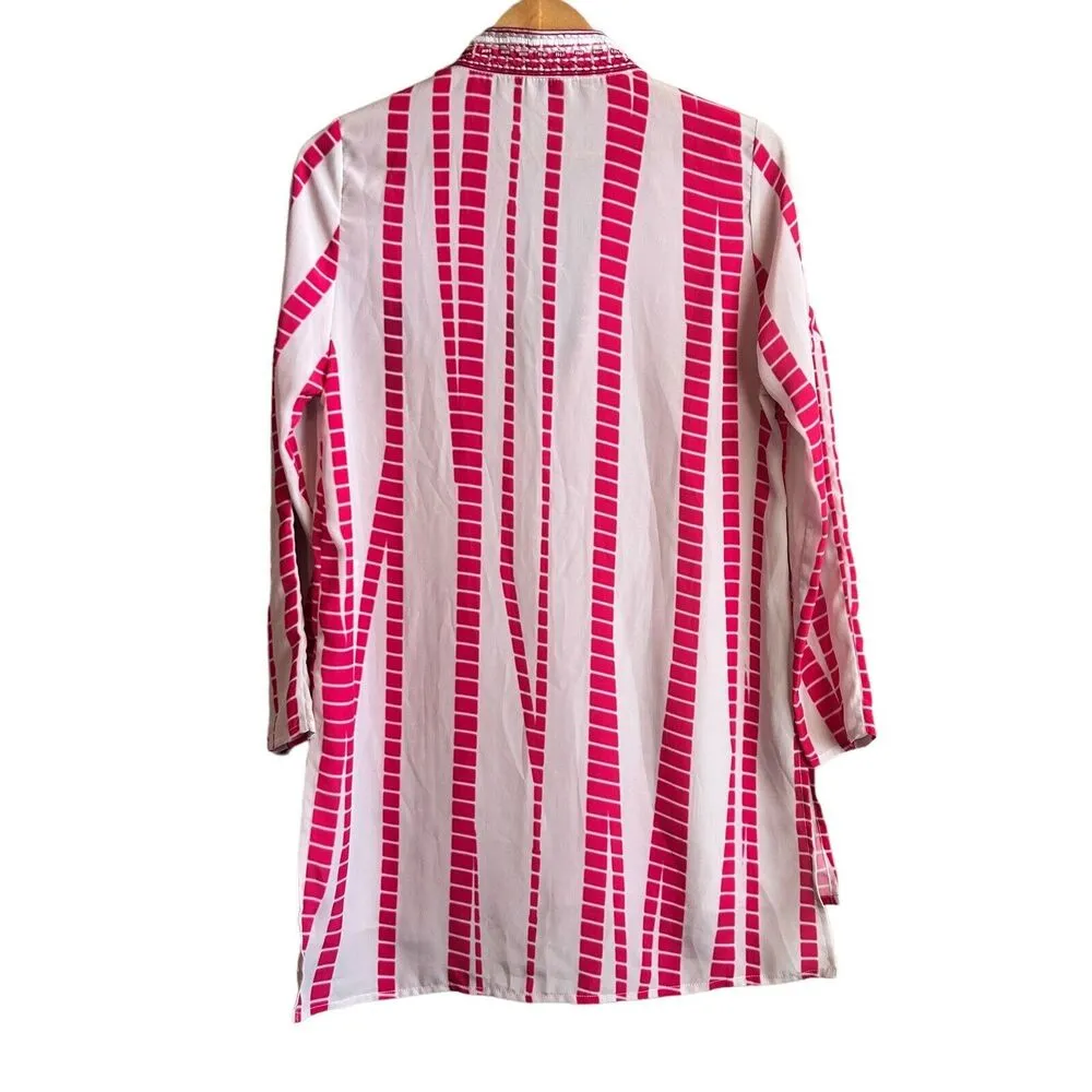 Hemant & Nandita Tunic Swim Coverup Pin White Long Sleeve Embroidered Bohemian Pink - Image 7