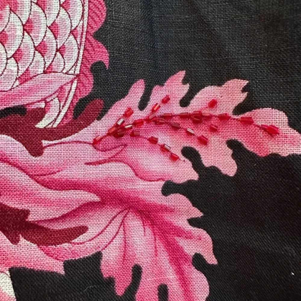SILKLAND Asian Inspired Linen Black Pink Floral Dragon Skirt Beaded Size 8 Med - Image 5