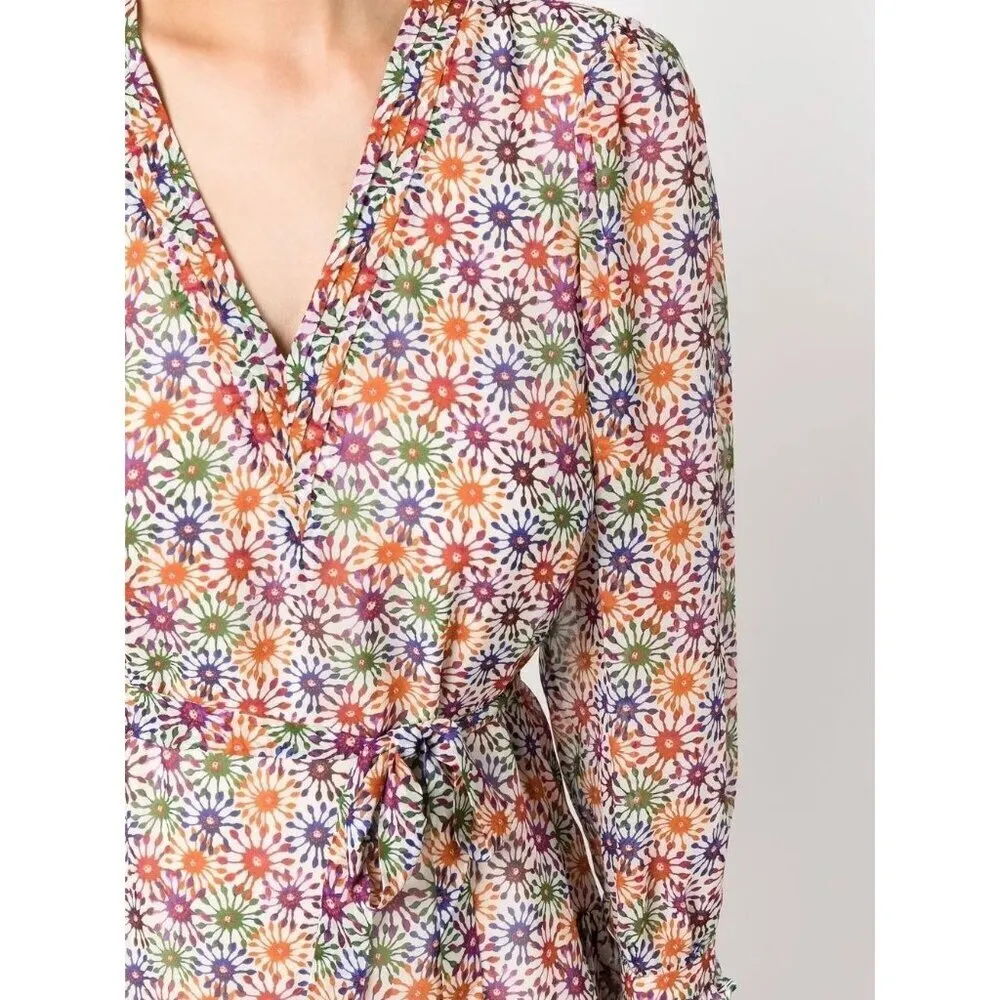 Saloni Franca Silk Floral Print Mini Wrap Dress Red Cream Womens Size 6 - Image 4