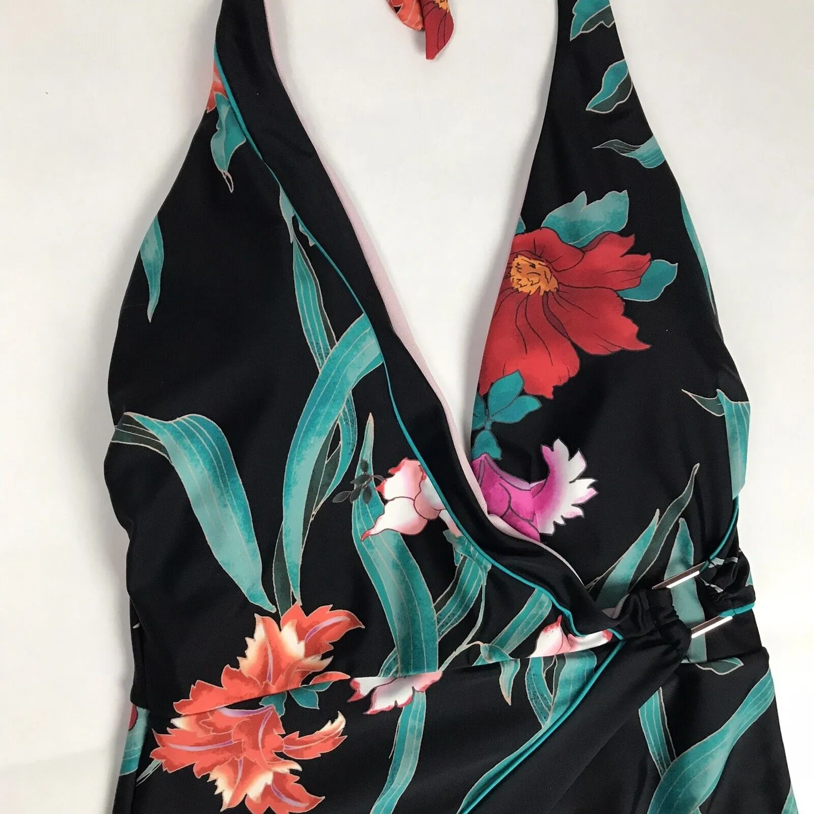 Nanette Lepore Poppy One Piece Swimsuit Black Floral Halter Size 12 - Image 4