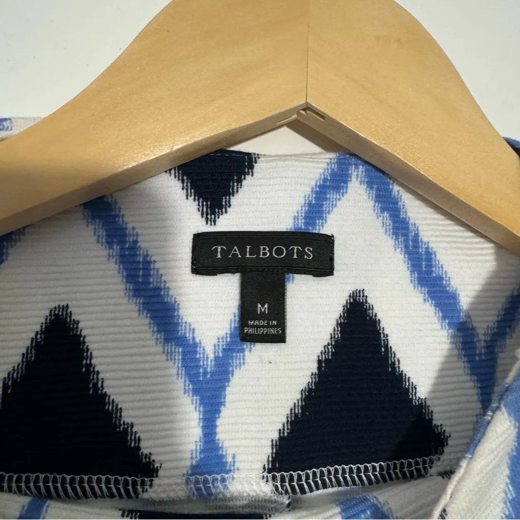 Talbots  High Neck Button Shoulder‎ Shell Diamond Print Size Medium Blue/White - Image 6
