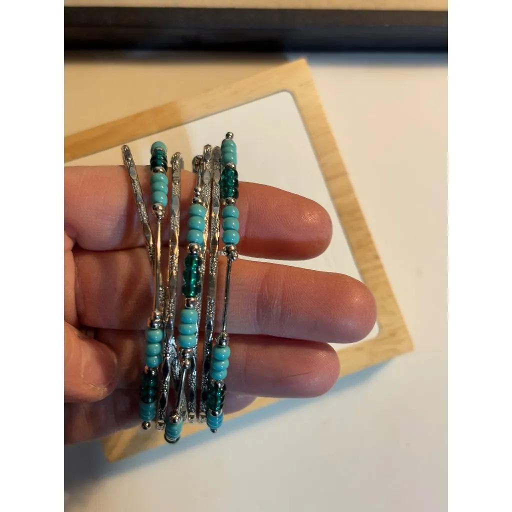 Silver & Turquoise Beaded Bangle Bracelets Set Of 6 - Image 4