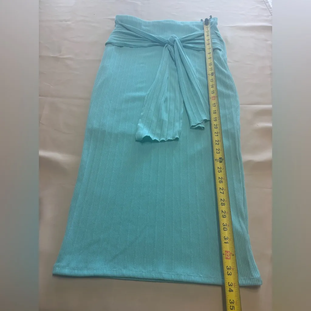 Women Ribbed Long Skirt Aqua Teal Green Size XL Lined Tied Waist Accent Bodycon - Image 6