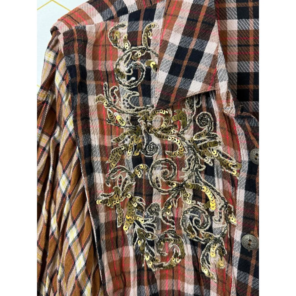 Free People Red Plaid Snow Top Mountains Sequence Button-Up - Size - Large - Image 6