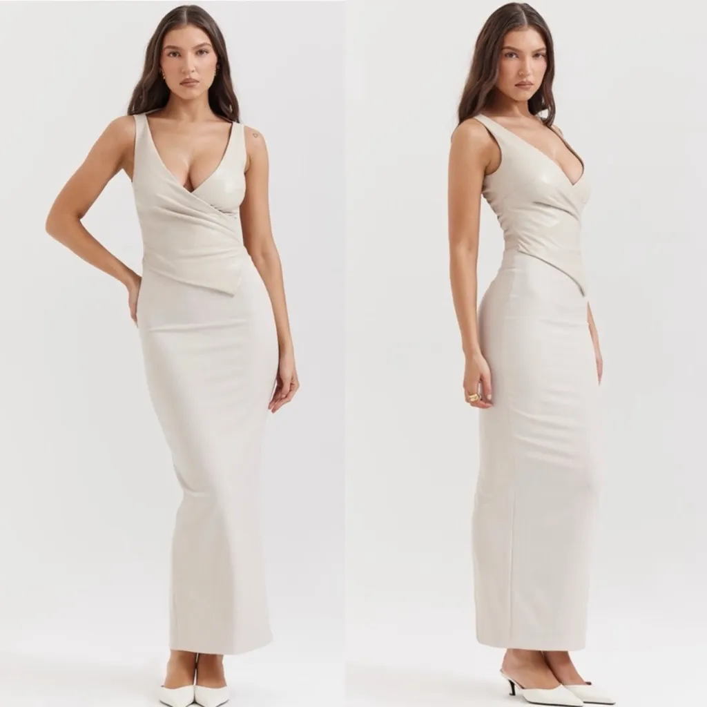 House of‎ CB Laria Ecru Vegan Leather Maxi dress Cream Cocktail NWOT Size L $269 - Image 3