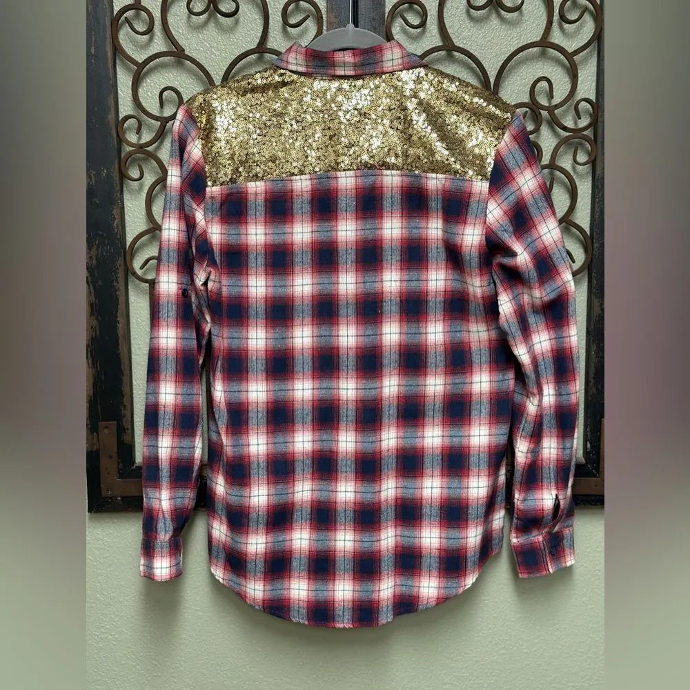 E2 Clothing long sleeve glitter plaid Top Blue Size M - Image 2