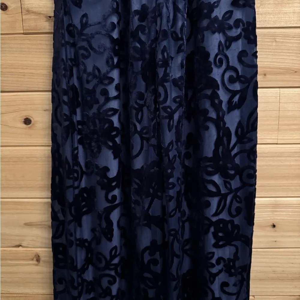 Vintage Steppin Out Sz Small Navy High Neck Crushed Velvet Mesh Filigree Dress Blue - Image 8