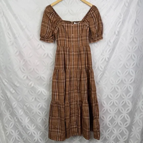 Billie The Label Eleanor‎ Plaid Puff Sleeve Midi Dress Size 0 NWT Brown - Image 11