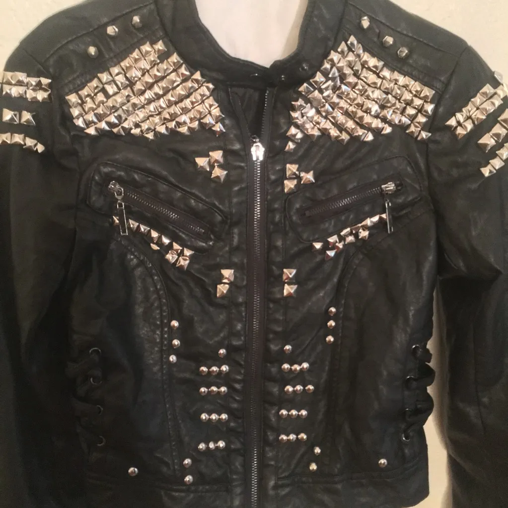 Britney Spears handmade studded faux leather jacket sz small Black - Image 3