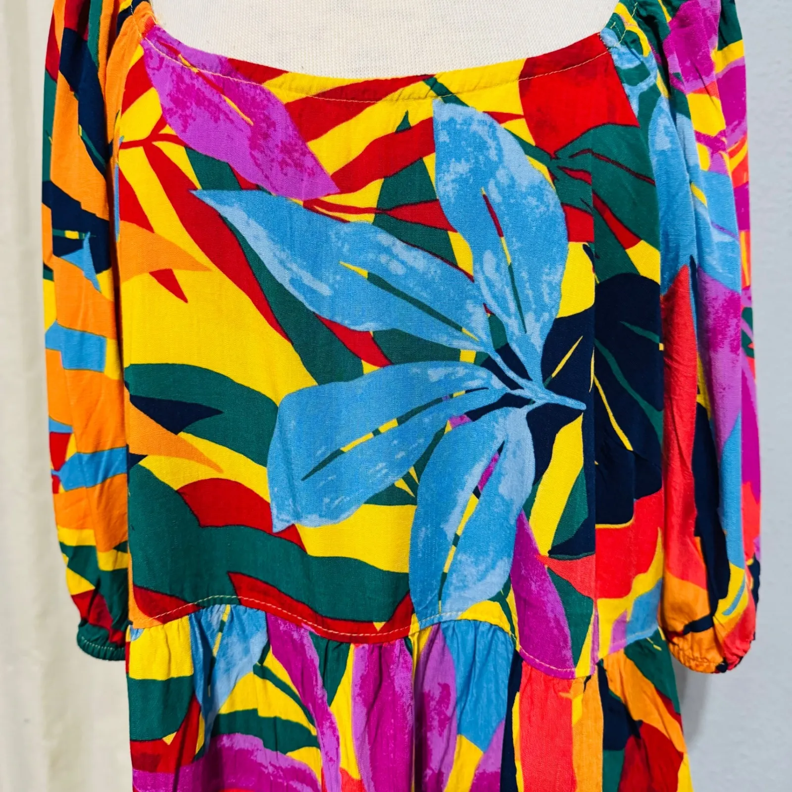 Terra Sky Women's Tropical Leaf Print Tiered Ruffle Off the Shoulder Tunic 2X - Image 2