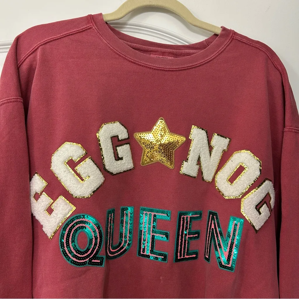 Handmade Comfort Colors Crimson Red Eggnog Queen Sewn Sequin Letters Sweatshirt - Image 4