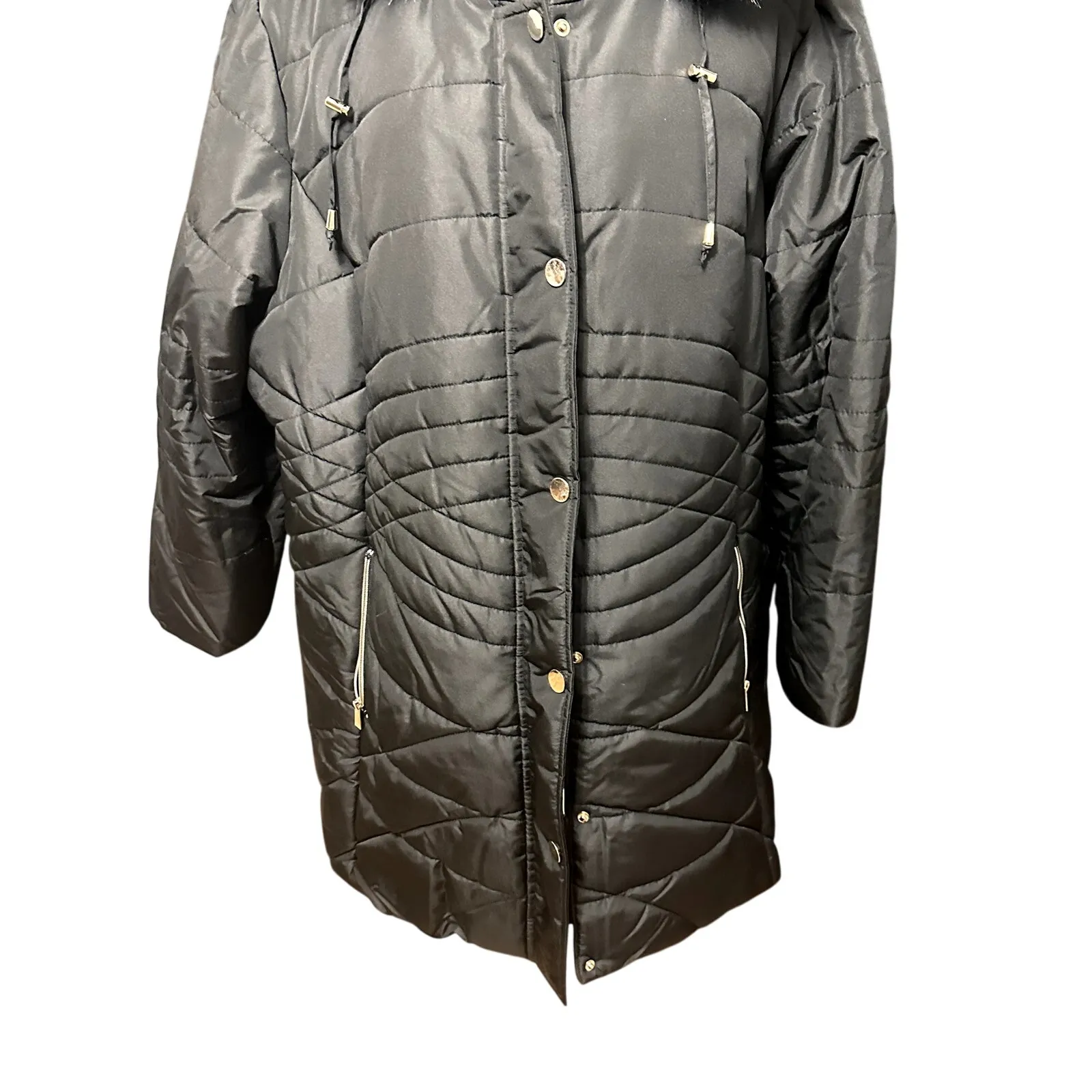 Avenue Puffer Jacket Quilted Design Faux Fur Trim Hooded Solid Black W 14/16 NWT - Image 4