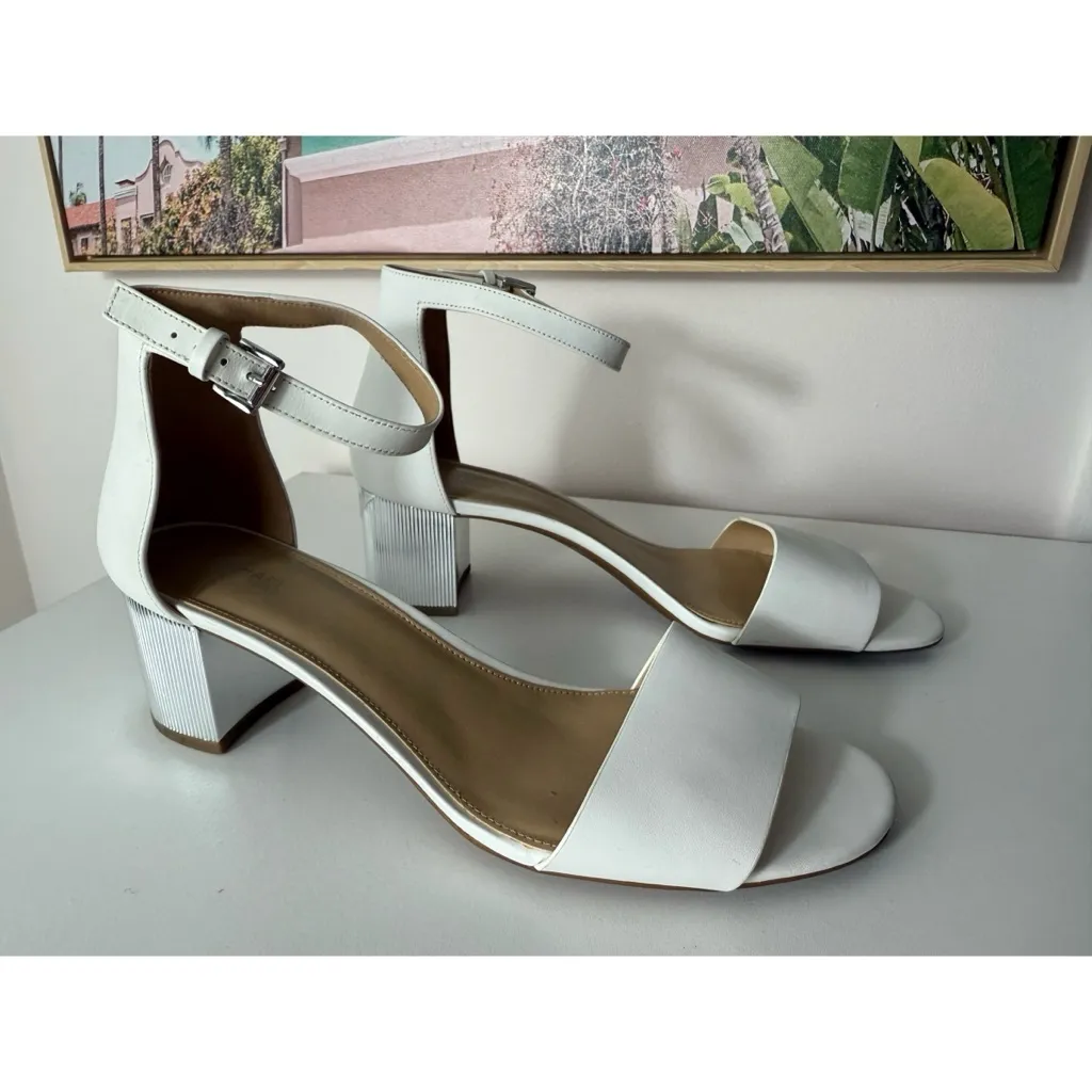 Michael Kors White Leather Open Toe Ankle Strap Silver Block Heel Sandals 10 - Image 4