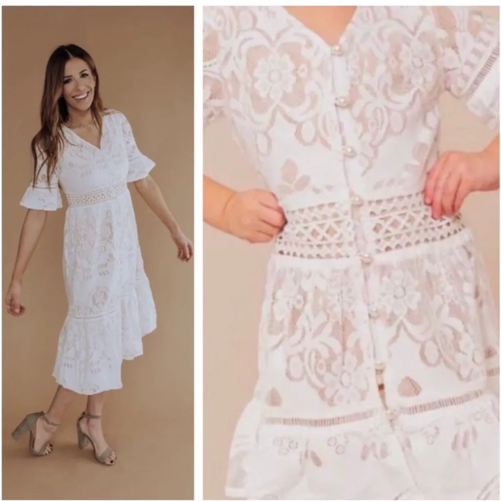 Ivy City Co. Monroe Lace Button Down Midi Dress in White - Image 3