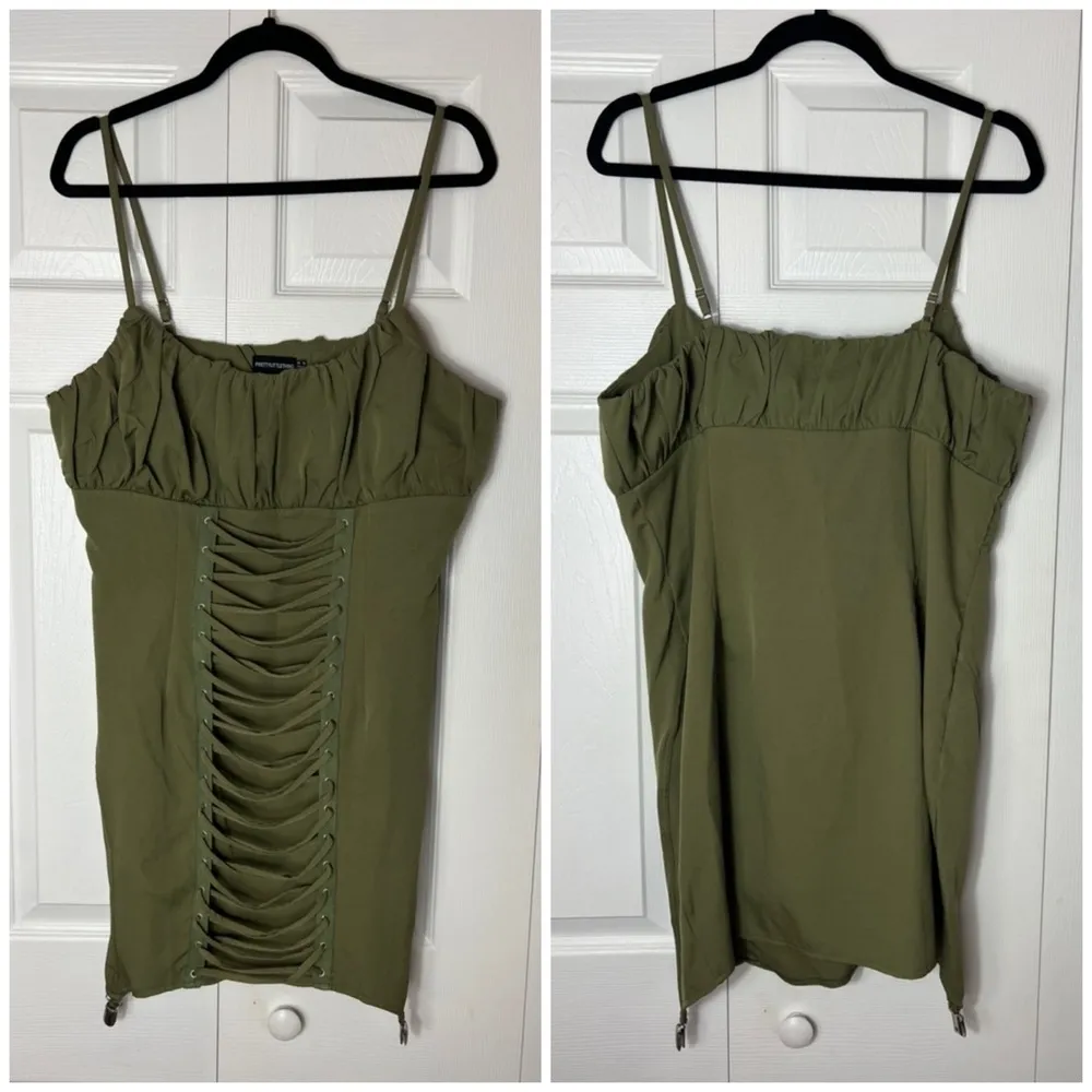 Pretty Little Thing Olive Khaki Ruched Lace Up Bodycon Mini Dress Size 12 - Image 5