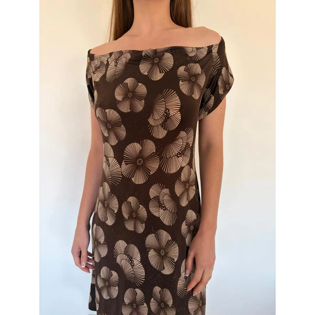 Brown Sparkly Midi Vintage Gold Floral Cap Sleeve / Off Shoulder Dress Size M - Image 8