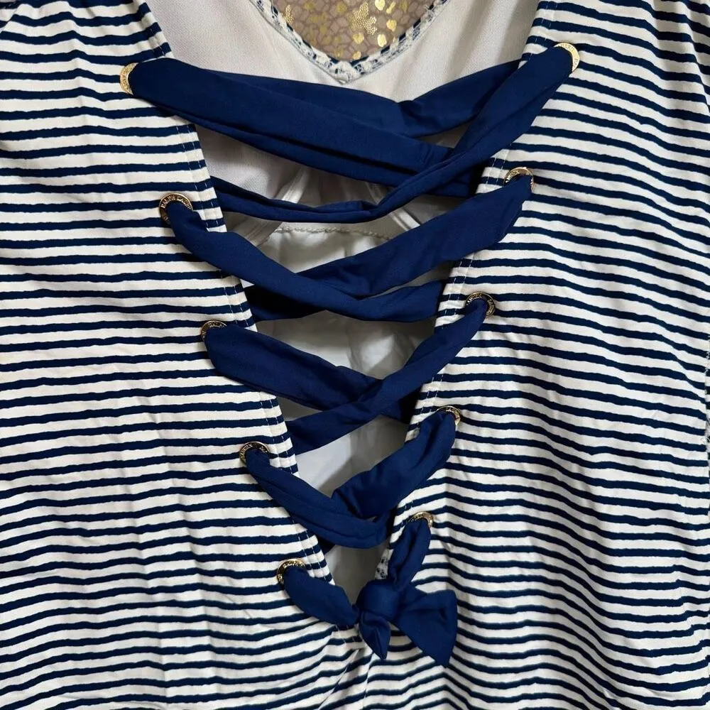 LAUREN Ralph Lauren Blue Striped Lace Up Back One Piece Swimsuit Size 16 - Image 4