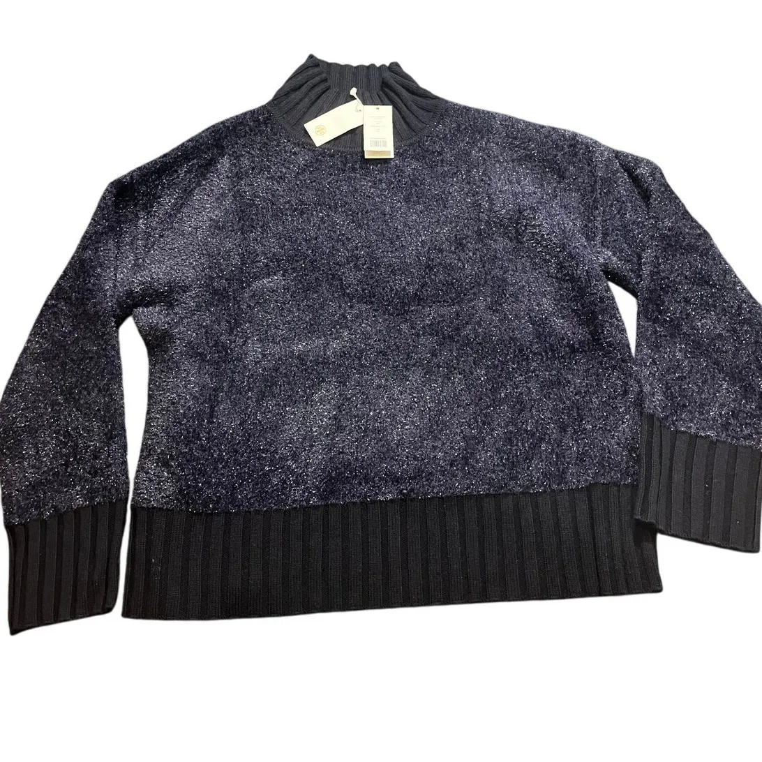 NEW Tory Burch Oversized Lurex Sweater in Navy Mock Neck‎ Turtleneck Size XL - Image 2