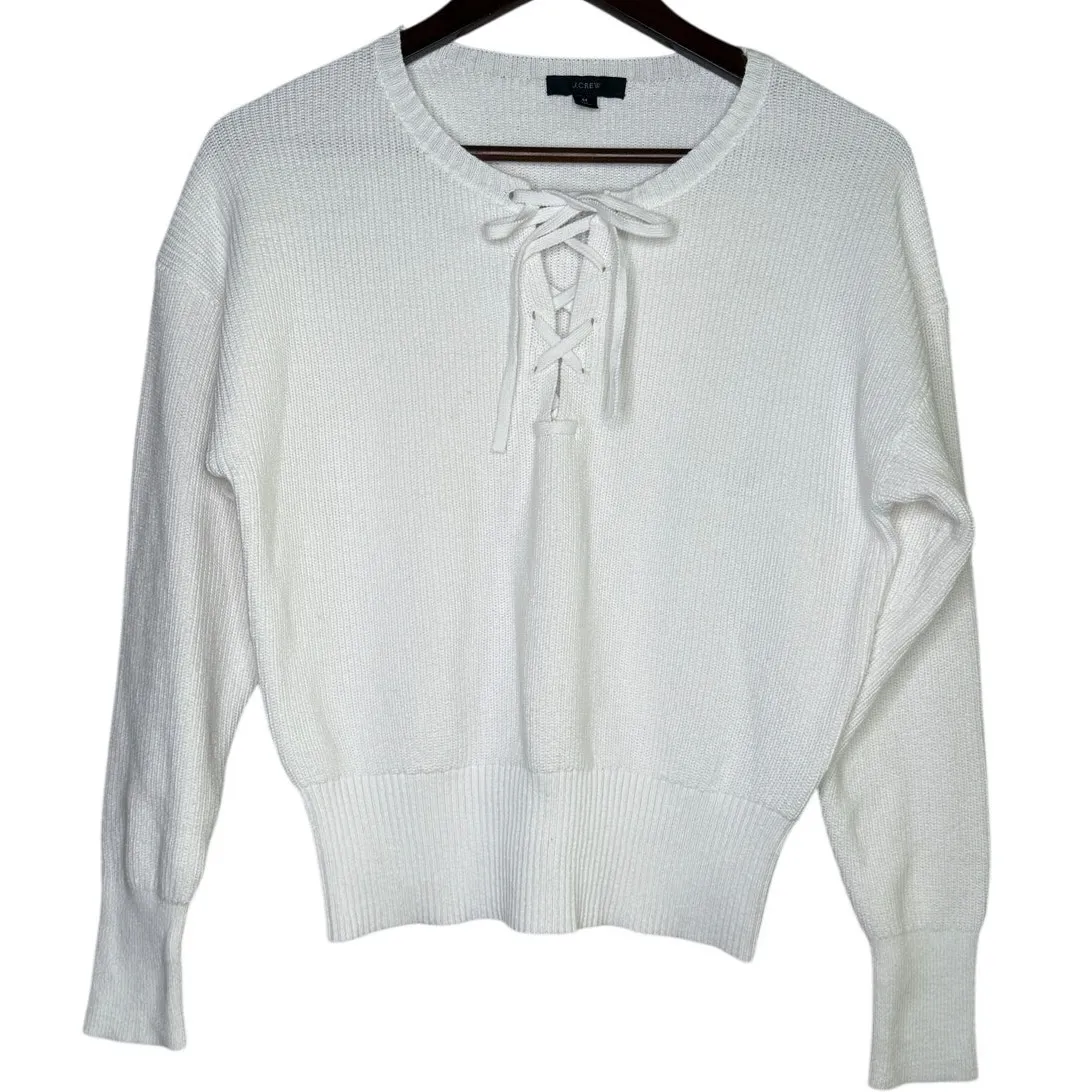 J.Crew Front Lace Long Sleeve Stretch Plush Knit Sweater Rib Hems M True White - Image 14