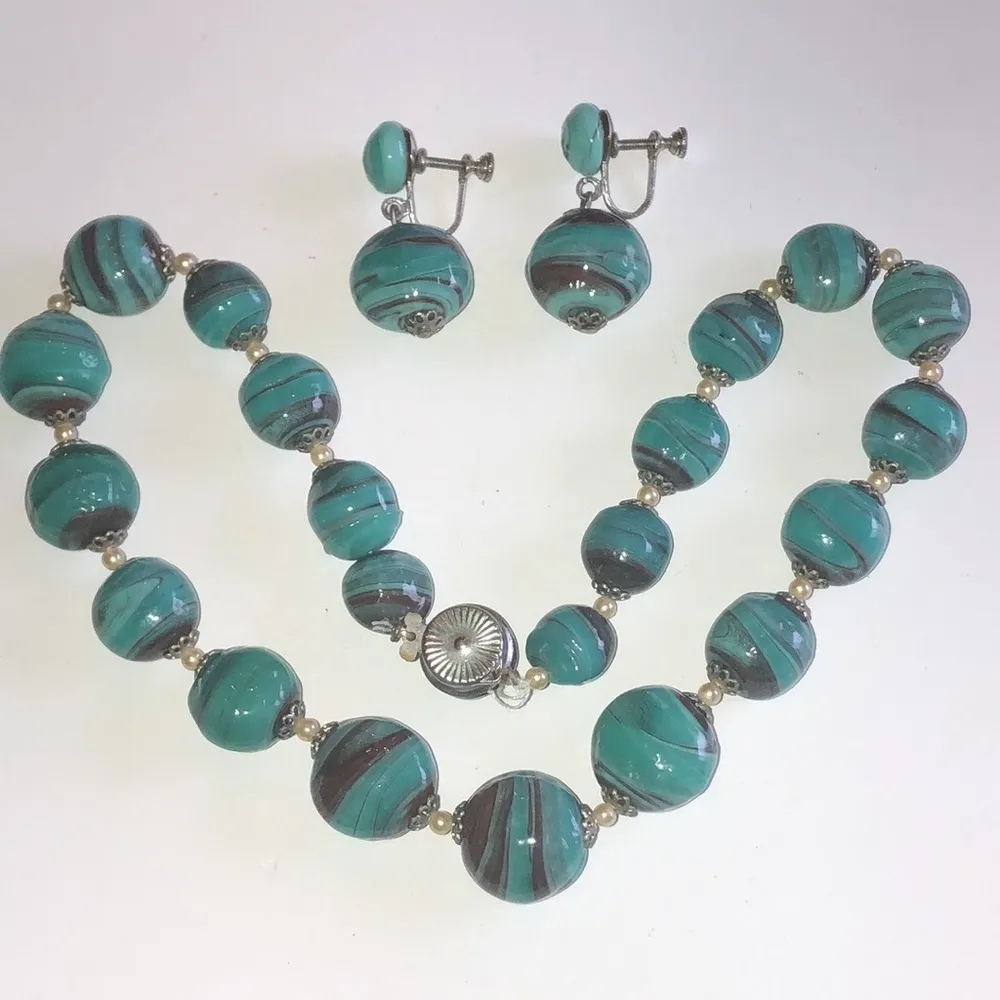 Vintage Teal Brown Marbled Ceramic Beads Beaded Necklace Earrings Set - Image 5