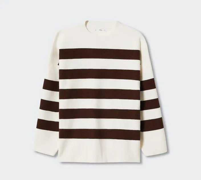 MNG Women's Cream Brown Striped Mock Neck Oversized Pullover Sweater Size L Size L - Image 14