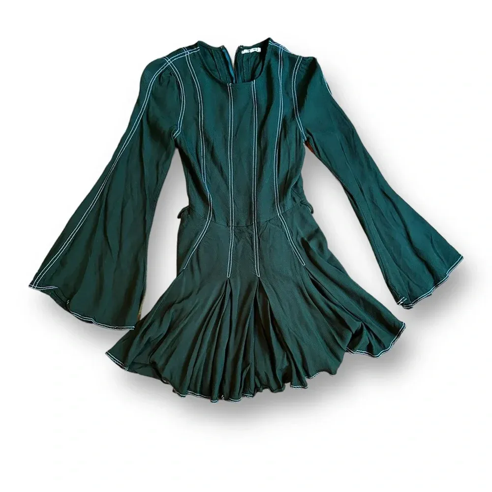 Nicole Dress Sycamore Green Pleated Mini Dress Bell Sleeve Size XXS - Image 4