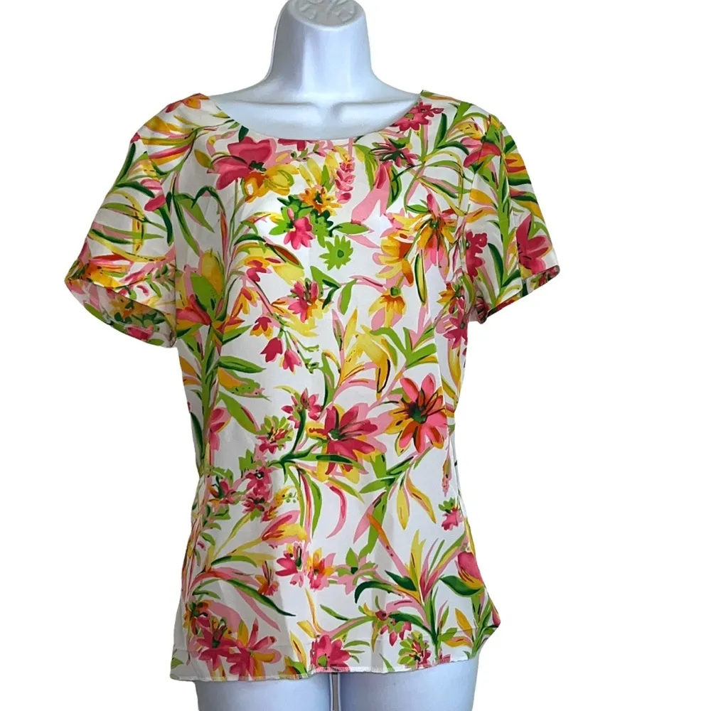 J.Crew Blouse Short Sleeves Top White Multi Floral Keyhole - Image 10