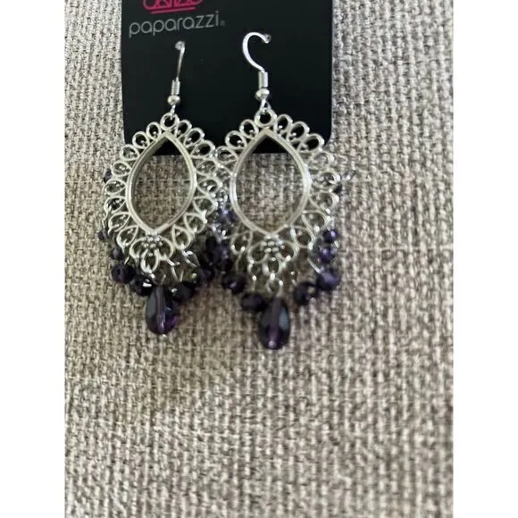 Paparazzi dangly earrings‎ silver with purple beads. - Image 2