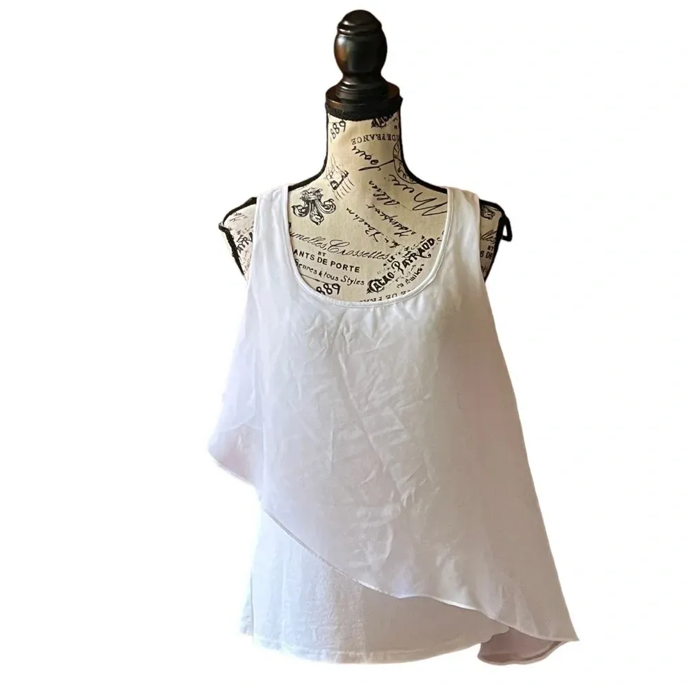 Aqua Sleeveless Asymmetric Overlay Tank Top Women’s S White Lightweight Classy - Image 2