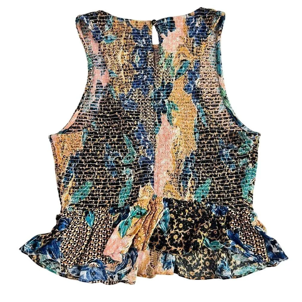 Free People Printed Smocked Floral Tank Top XS Garden Flower Fairy Peplum - Image 4