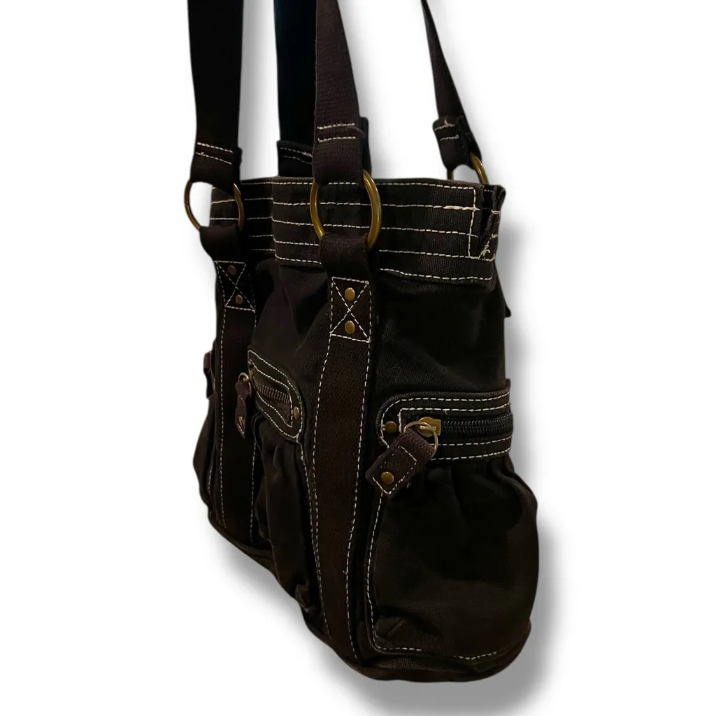 Vintage 90s Y2K Unbranded Medium Canvas Satchel Tote Bag Handbag Popstitch BLACK - Image 3