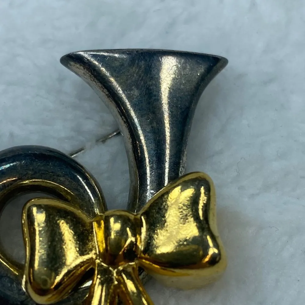 French Music Horn Christmas Holiday Jewelry Pin Brooch Silver Color Gold Bow - Image 8