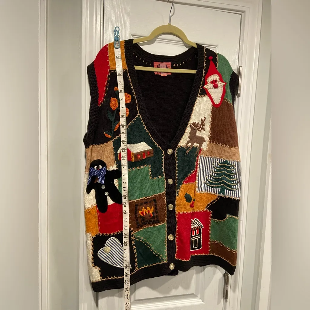 VTG 80s Cambridge Country Store Size L Christmas Sweater Vest Cotton Patchwork Black Size L - Image 6