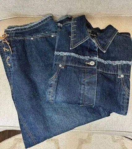 Denim 2 Piece Women's Jacket Button Down Matching Skirt Set 14 16 - Image 1