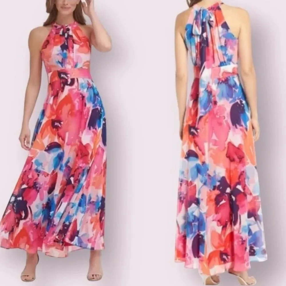 💕ELIZA J💕 Halter Neck Maxi Dress ~ Bold Watercolor Abstract Floral Print 8 NWT - Image 5