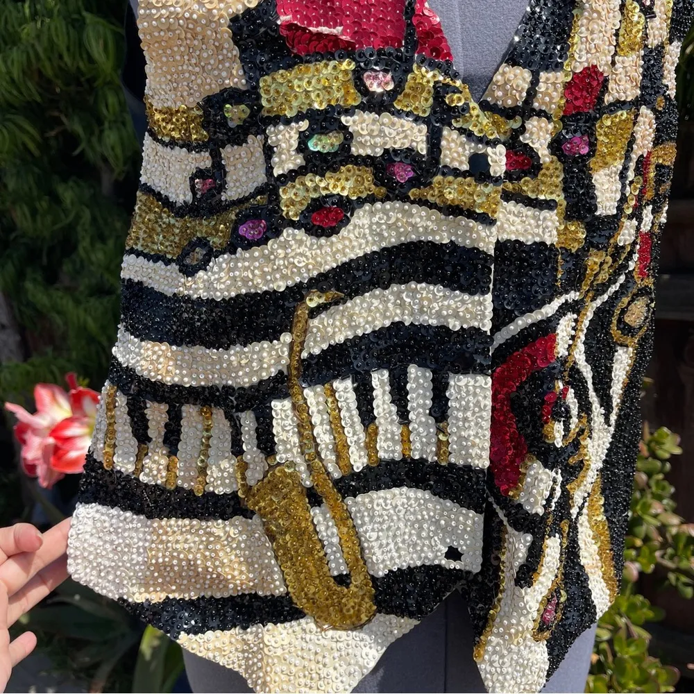 Vintage Musical Beaded Sequined Vest Ana Mori size M Black Size M - Image 13
