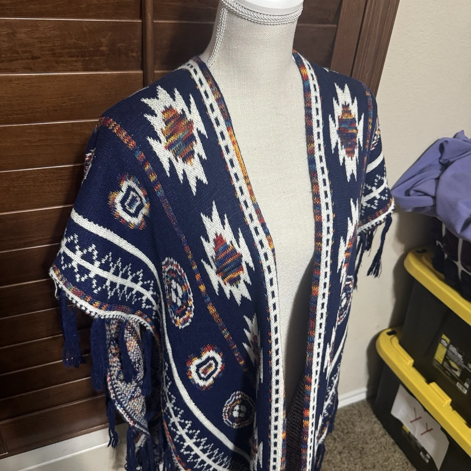 Hipster Row Tribal Aztec Sleeveless Poncho OS Navy Blue Southwest Sweater Boho Size undefined - Image 3