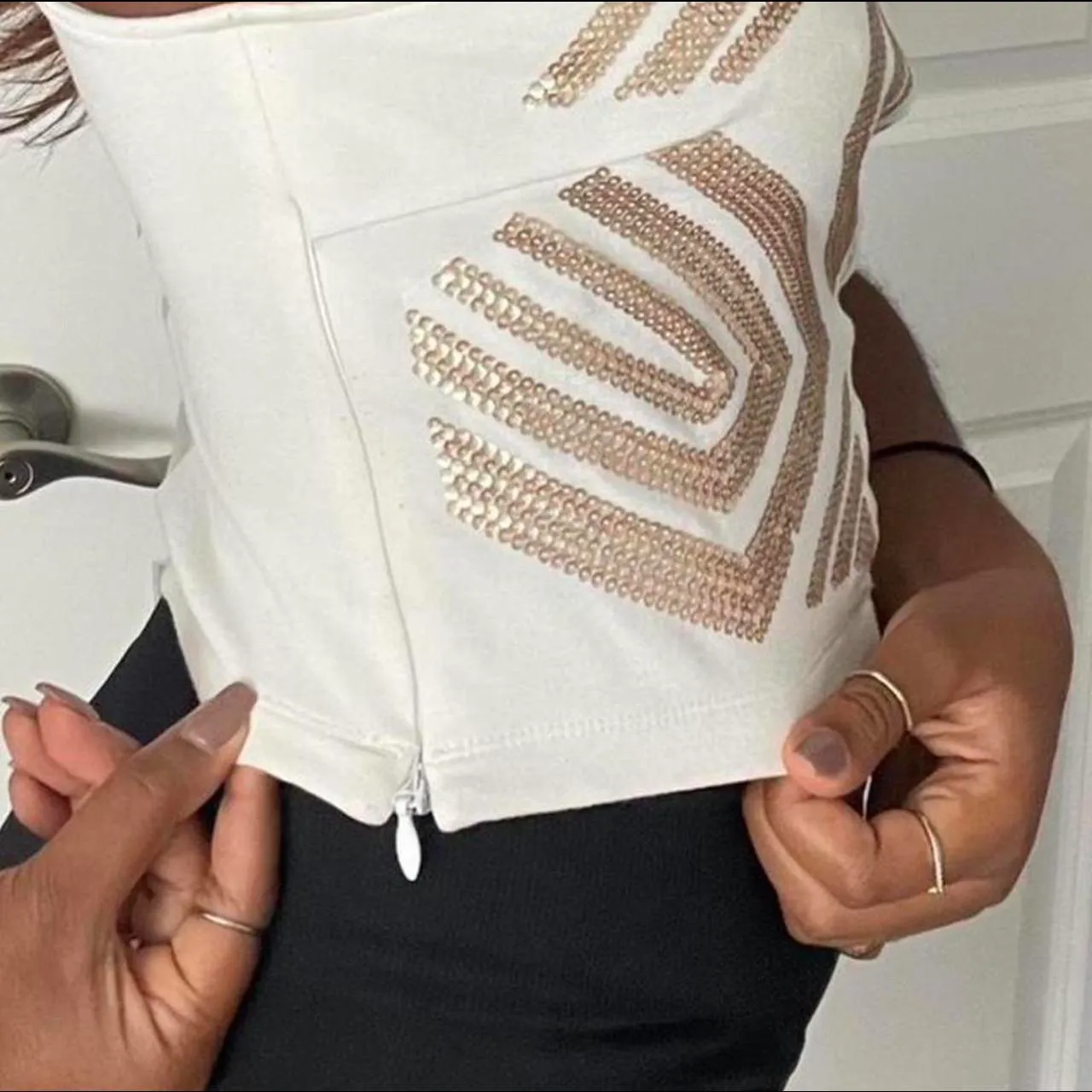 Bebe Golden Sequined Mesh Halter Top - Image 6