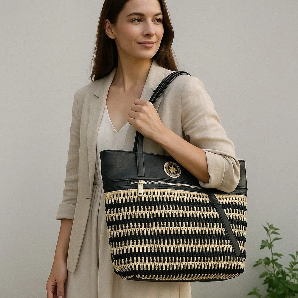 Beverly Hills Polo Club‎ Tan & Black Woven Straw Faux Leather Tote Boho Beach - Image 7