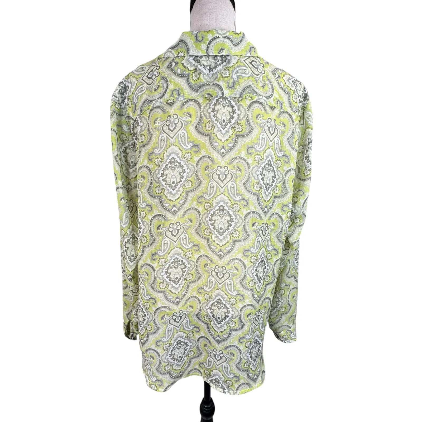 Liz Claiborne X-Large Tunic Top Geometric Semi-Sheer Long Sleeve V-Neck Collared - Image 5