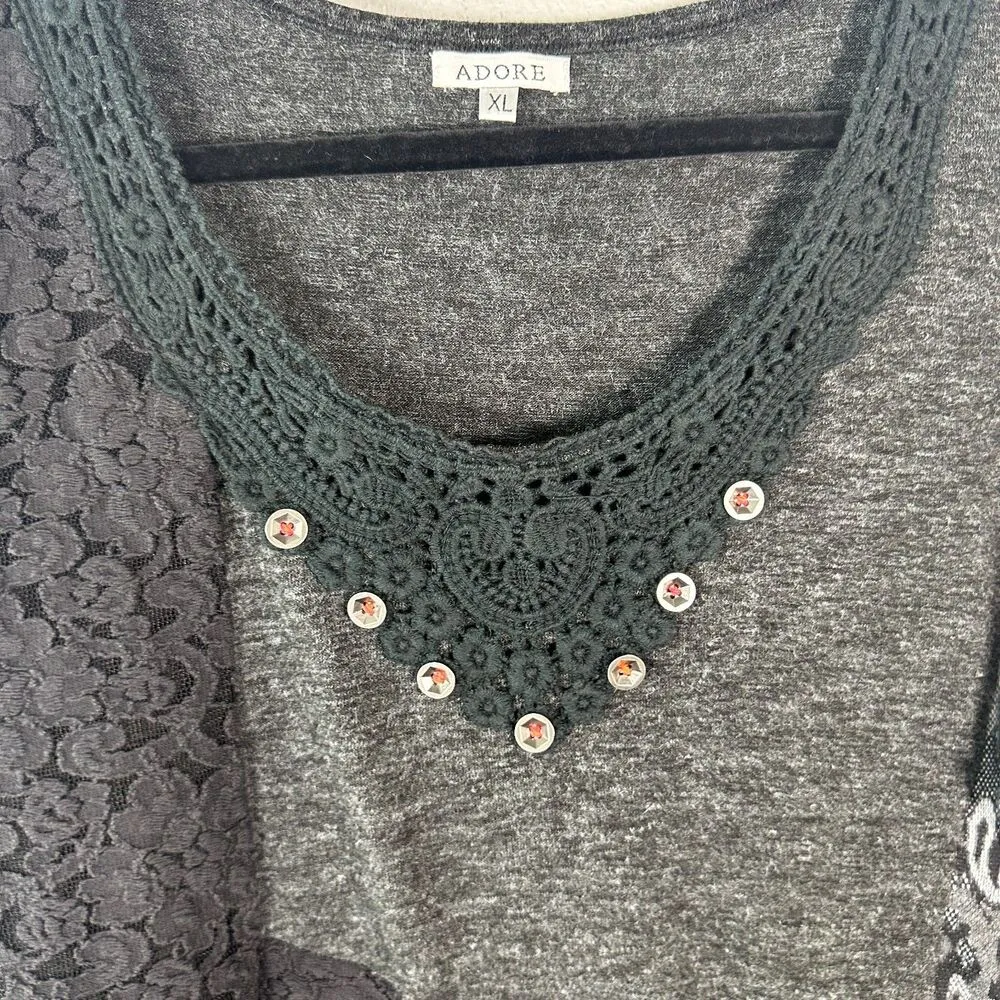 Adore Art to Wear Lagenlook Patchwork Lace Tunic Mini Dress Size XL Gray - Image 4