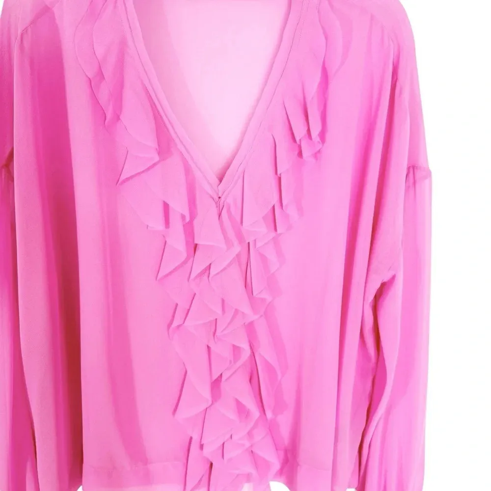 Le Superbe Ruffle Hendrix Tie Neck Chiffon Top in Electric Rose Pink Size 2 - Image 8