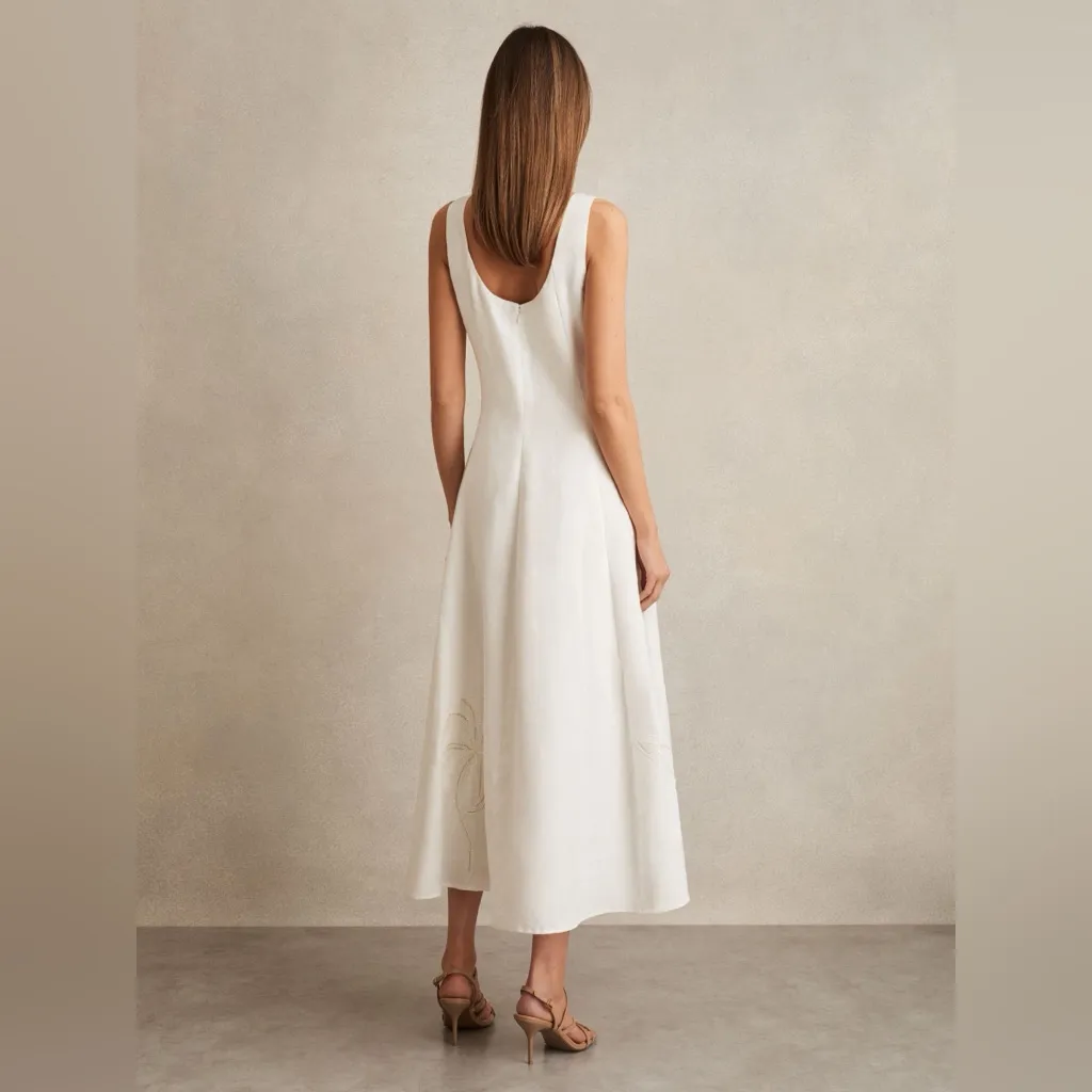 REISS Elise Linen Floral-Embroidered Midi Dress in Ivory, Size 4 US, $455 - Image 3