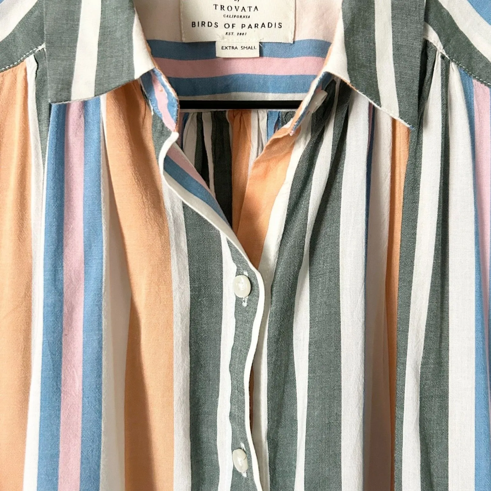 Trovata Birds of Paradis Della Button Down Shirt in Antibbes Stripe Size XS Green - Image 3
