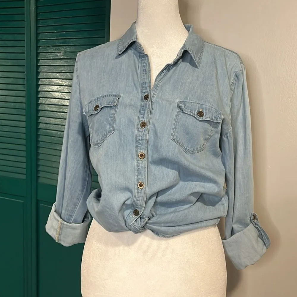 Love FIRE 100% cotton denim style button down with roll up sleeves - Image 9