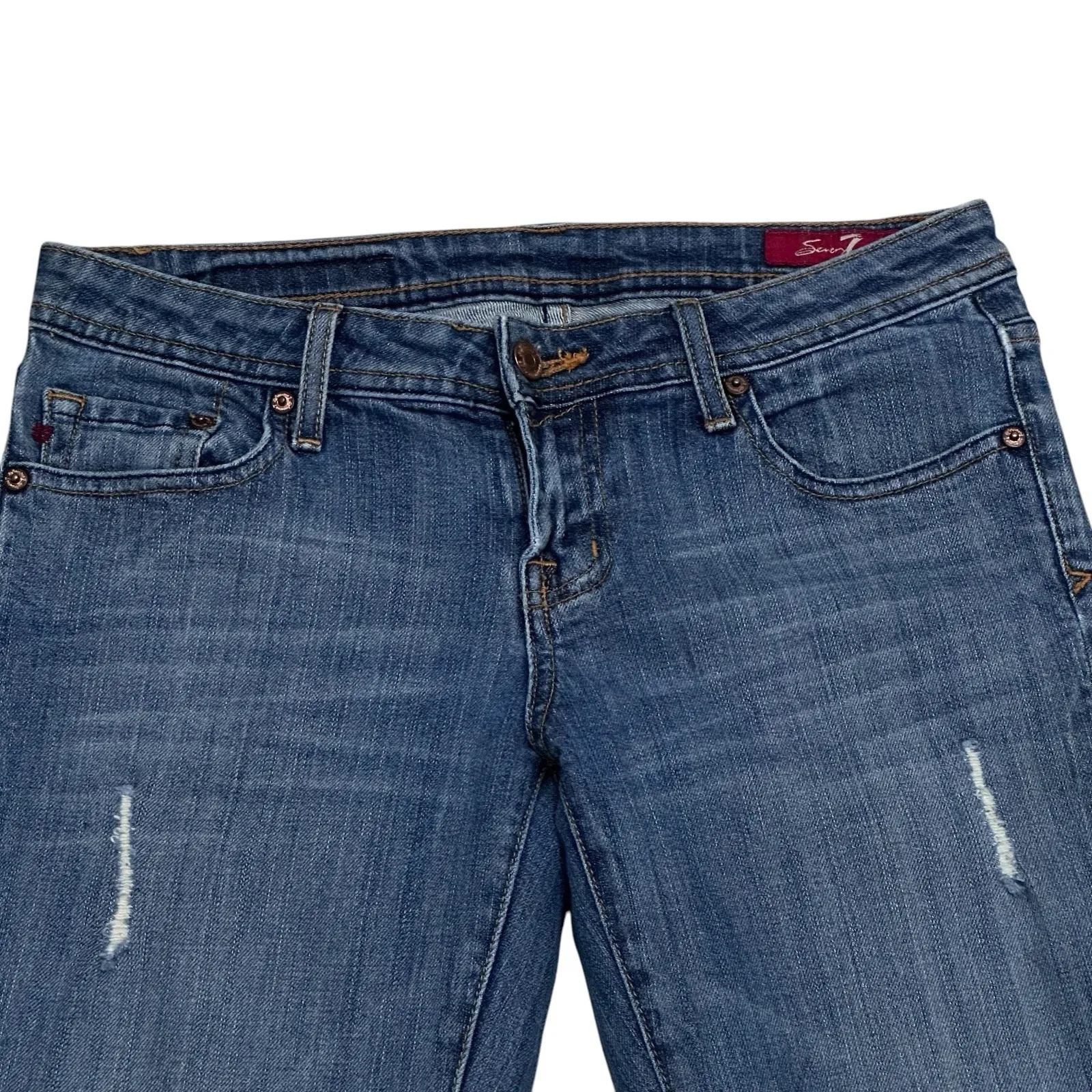 Seven7 Jeans Womens 29 Flare Low Rise Medium Wash Denim Stretch Whisker 30x32 - Image 2