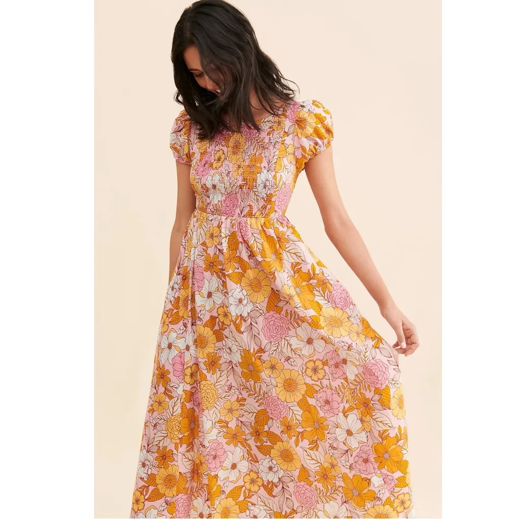 Anthropologie Kachel Smocked Retro 70s Floral Maxi Dress Size XL Spring Bohemian Pink - Image 5