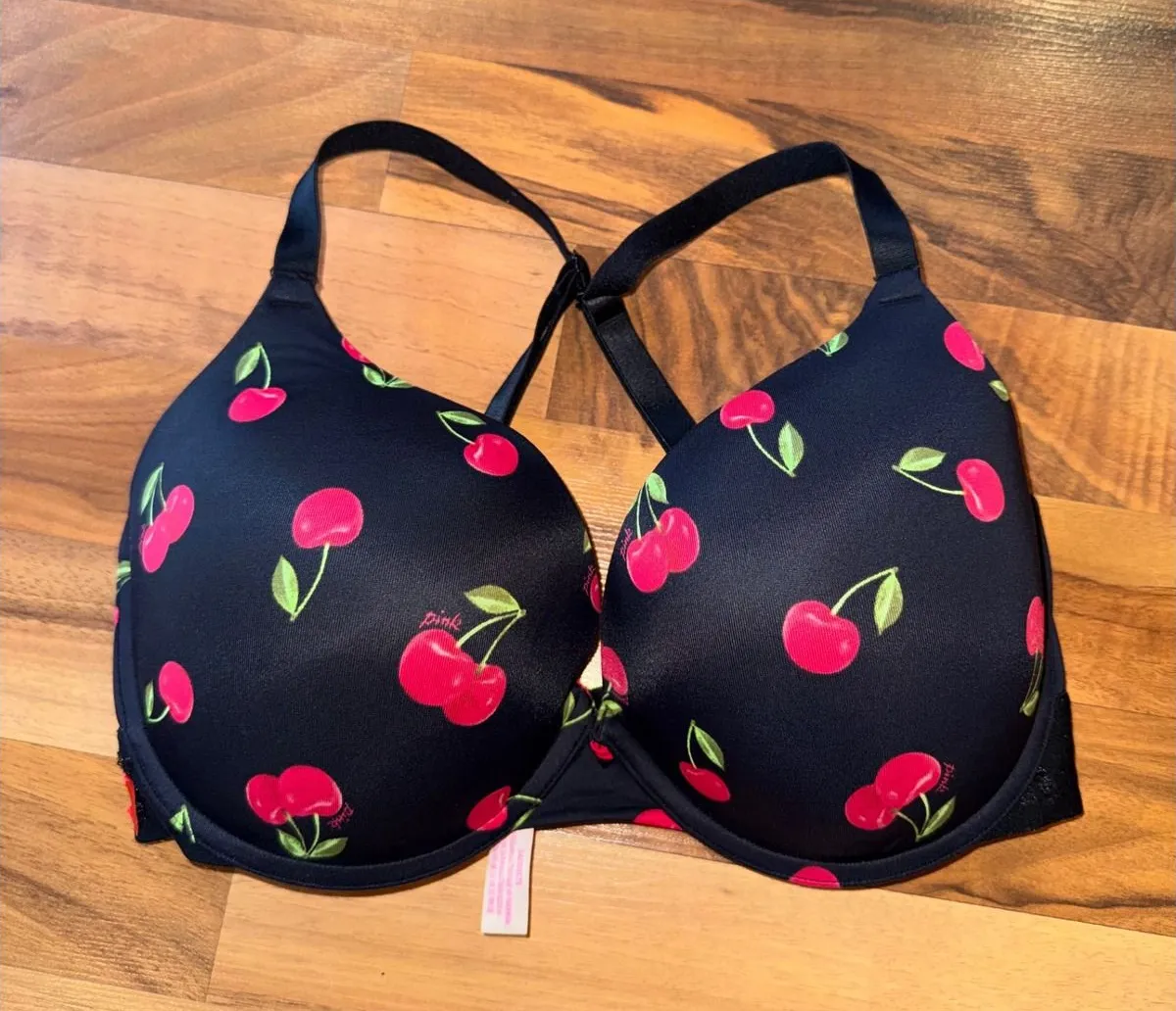 Victoria's Secret PINK Black Cherry Print Push Up Bra Strappy Back Size 34DD - Image 1