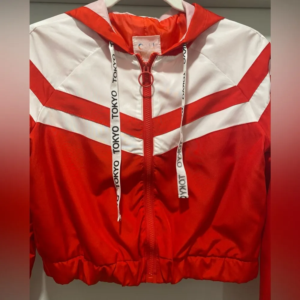Red Tokyo Drawstring Zip-Up Lightweight Crop Windbreaker Track Jacket - Image 3