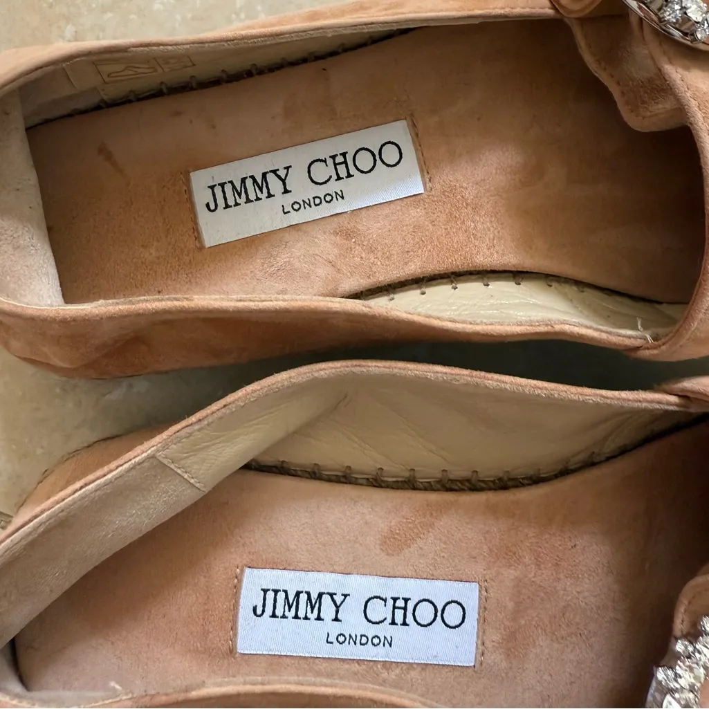 JIMMY CHOO Dru Crystal Embellished Suede Espadrilles Beige Sz 38 EU/8 US - Image 10